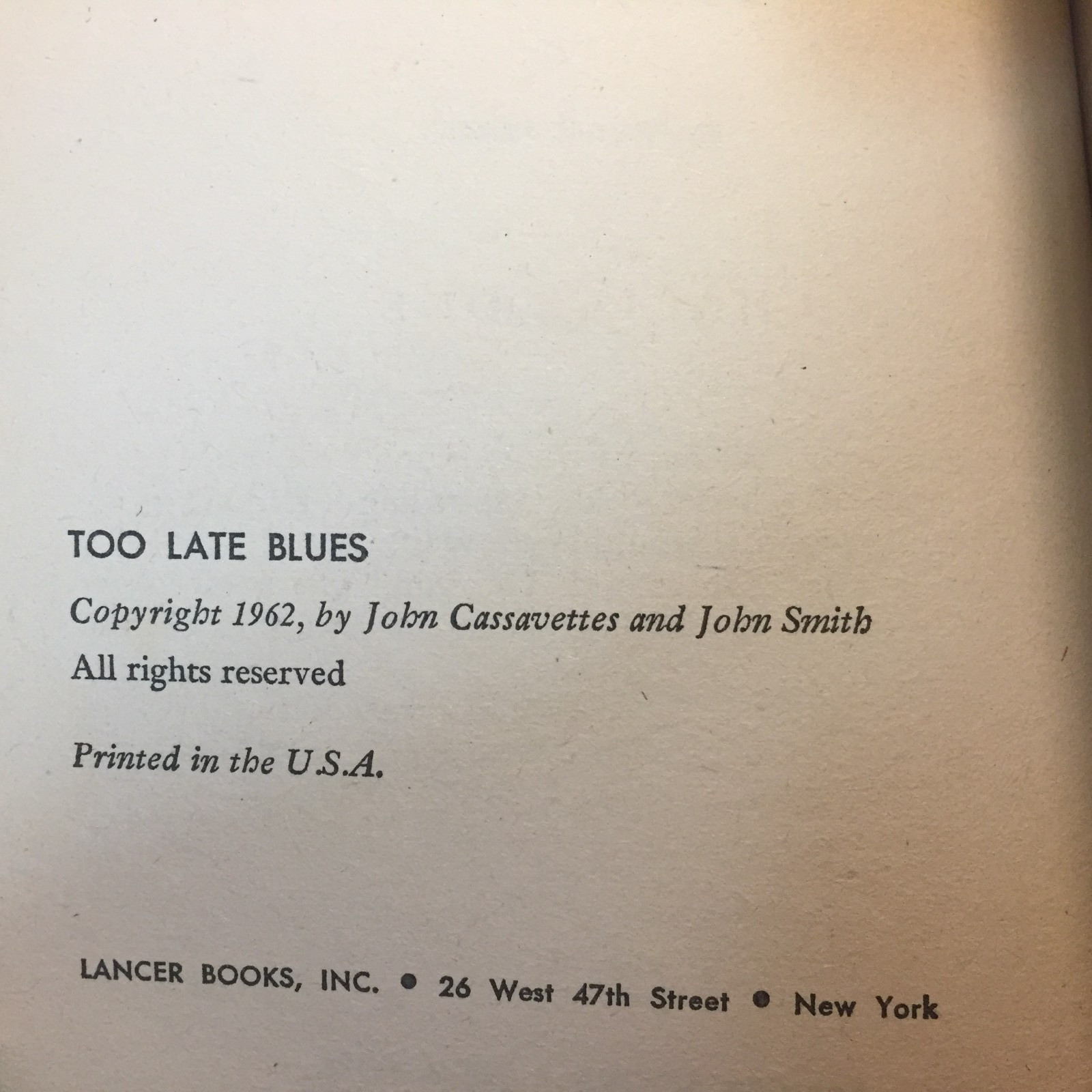 Too Late Blues Stuart James 1962 Lancer Books Media Tie In Novelization