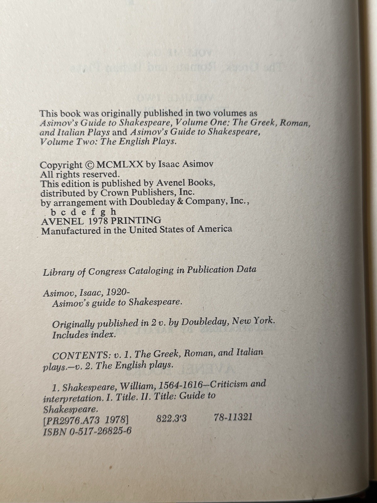 Asimov’s Guide to Shakespeare | by Isaac Asimov | HC/DJ | Avenel | 1978 |