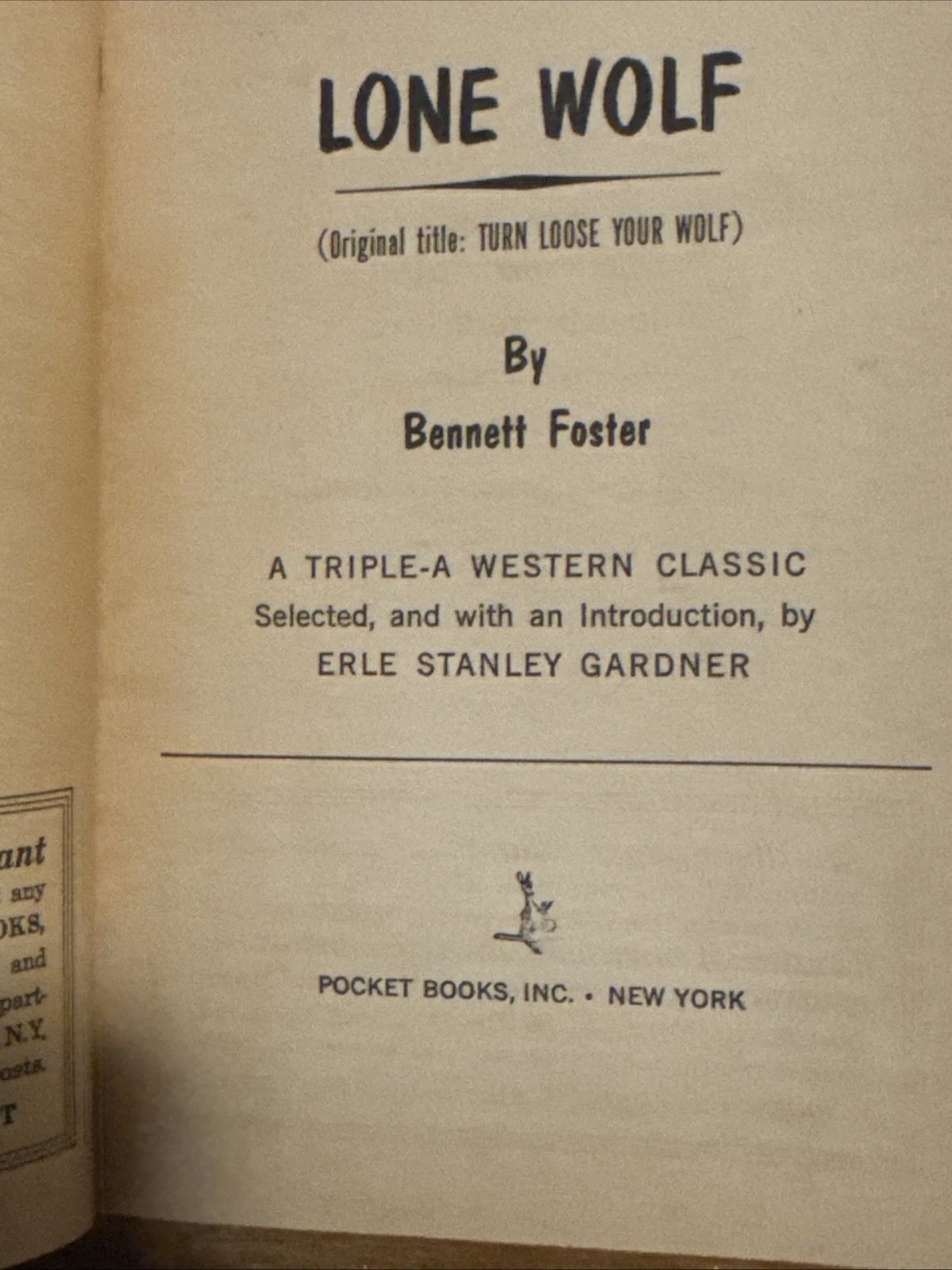 BENNETT FOSTER Westerns LONE WOLF 1957 1st POCKET BOOK EDITION OF 1938 NOVEL