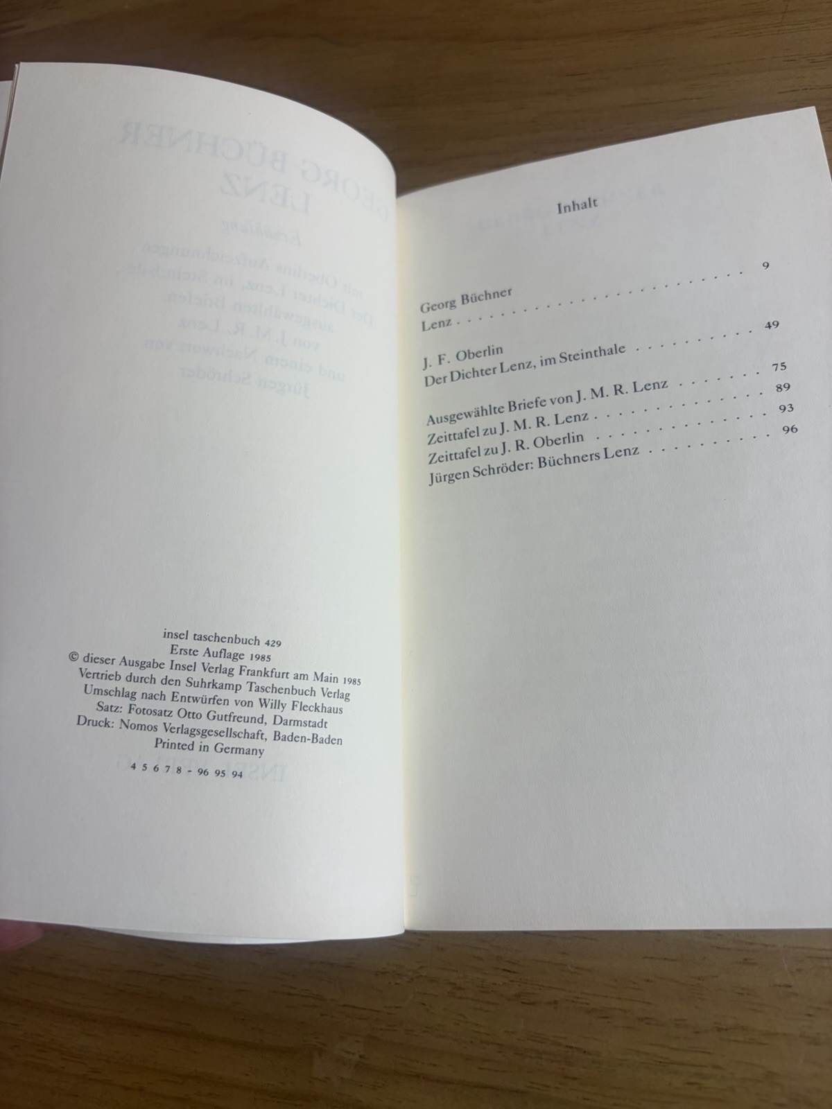 Georg Buchner Lenz 1985 Erste Auflage Insel Taschenbuch German PB VG+
